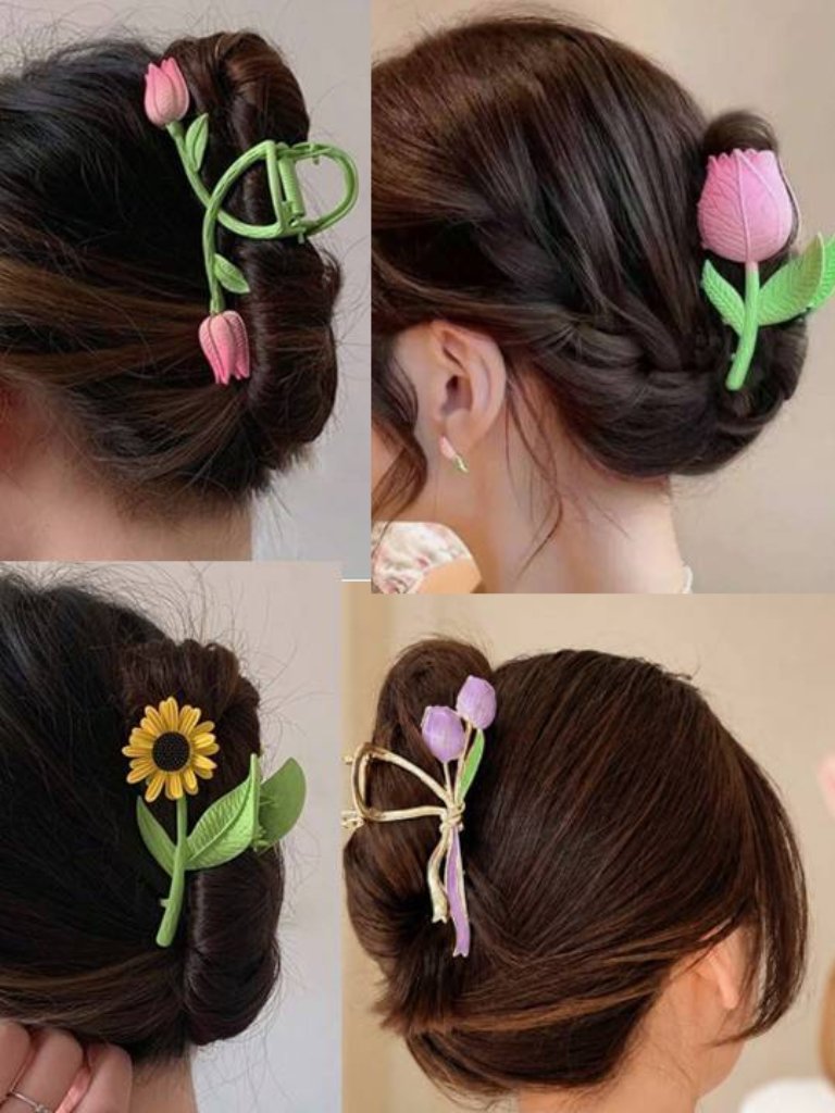 4 Pcs Flower Tulips & Sunflower Claw Hair Clip Womens Girls Party Wedding Prom